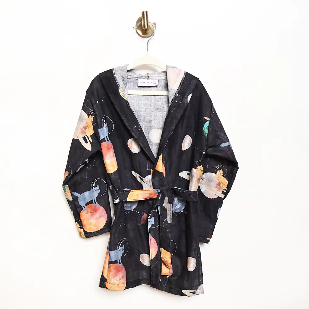 Galaxy Cat Çocuk Müslin Bornoz Siyah - 7-8