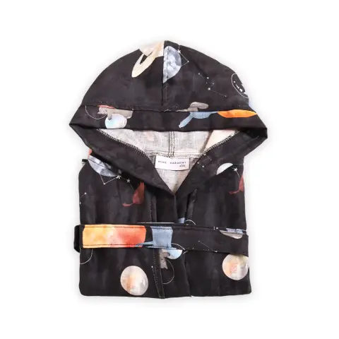 Galaxy Cat Çocuk Müslin Bornoz Siyah - 7-8