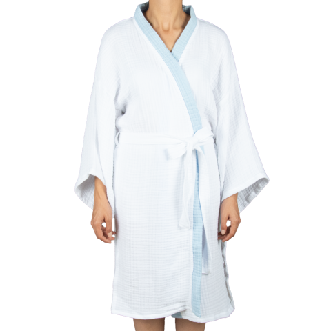 Müslin Bornoz Beyaz – Mavi