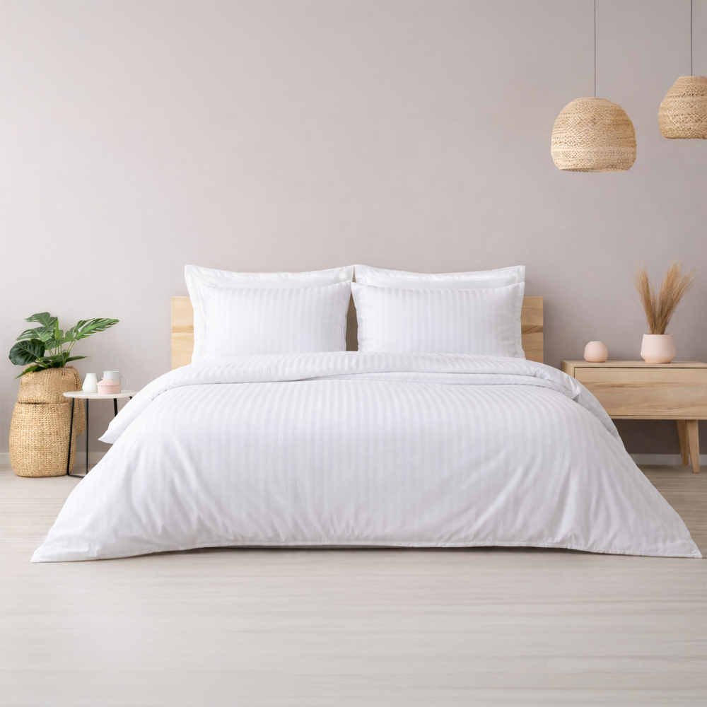 %100 Pamuk Saten Çizgili 1cm Saten  Nevresim Takımı Beyaz - Tek Kişilik - Düz Çarşaf