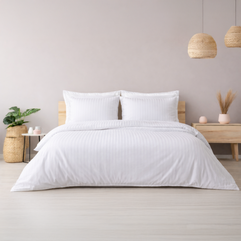 %100 Pamuk Saten Çizgili 1cm Saten  Nevresim Takımı Beyaz - Tek Kişilik - Fitted Çarşaf