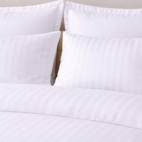 %100 Pamuk Saten Çizgili 1cm Saten  Nevresim Takımı Beyaz - Çift Kişilik - Fitted Çarşaf