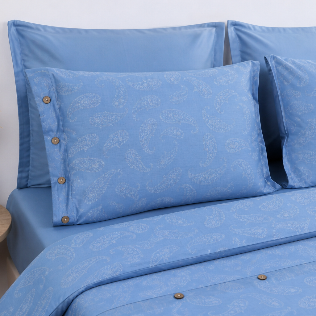 Paisley Jacquard Nevresim Takımı Mavi - Çift Kişilik - Düz Çarşaf