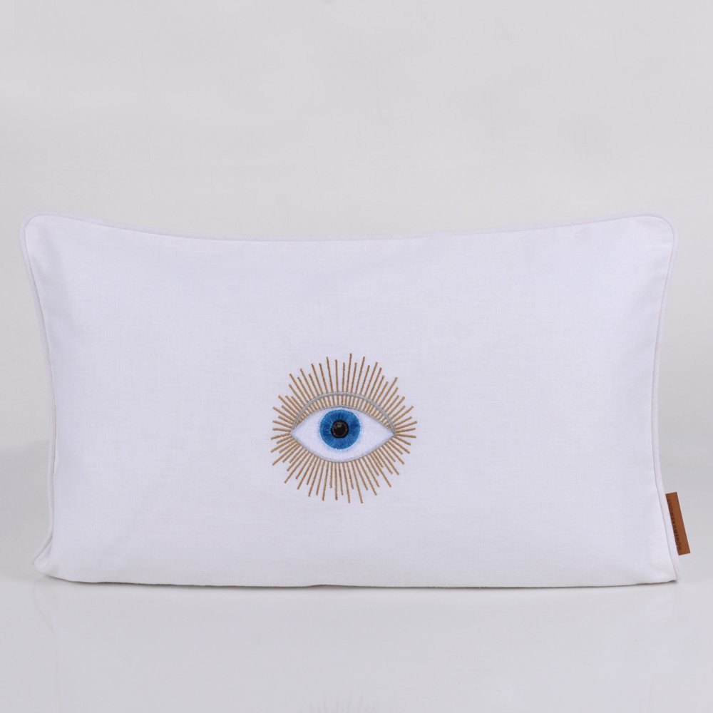 Mystic Nakışlı Keten Kırlent Beyaz