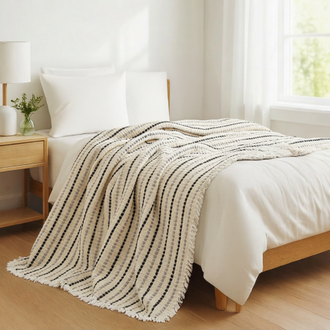 Jakarlı Dolgulu Müslin Yatak Örtüsü Lacivert