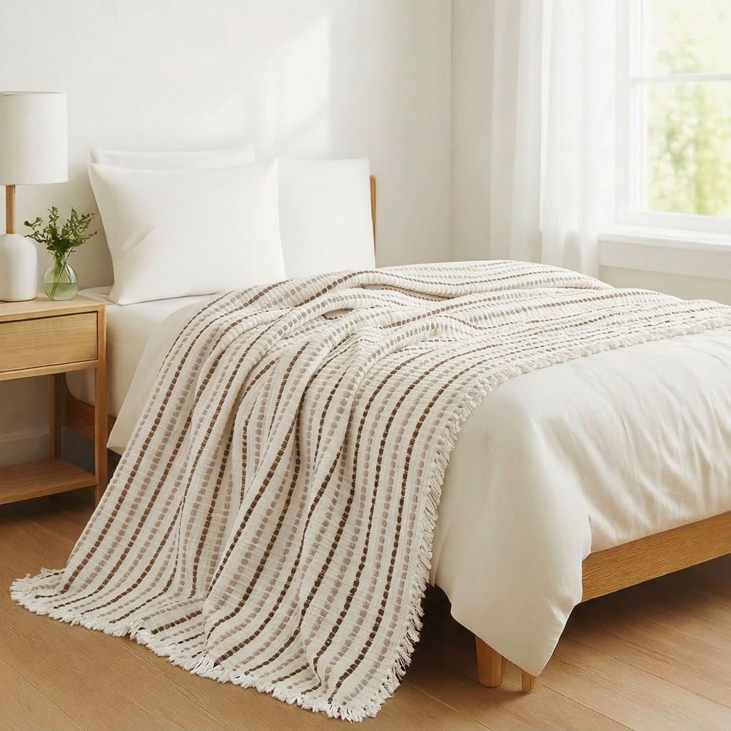 Jakarlı Dolgulu Müslin Yatak Örtüsü Bej