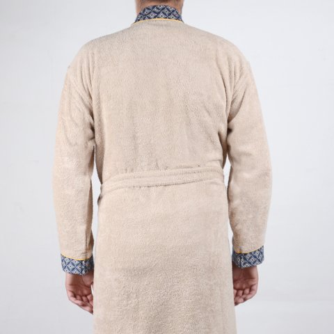 Kişiye Özel Nakışlı Lacivert Yaka Kimono Bornoz Seti S-M - Bej