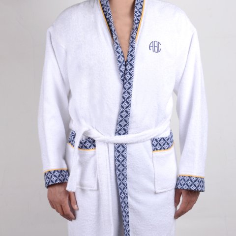 Kişiye Özel Nakışlı Lacivert Yaka Kimono Bornoz Seti M-L - Beyaz