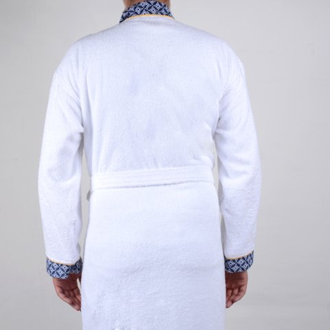 Kişiye Özel Nakışlı Lacivert Yaka Kimono Bornoz Seti M-L - Beyaz