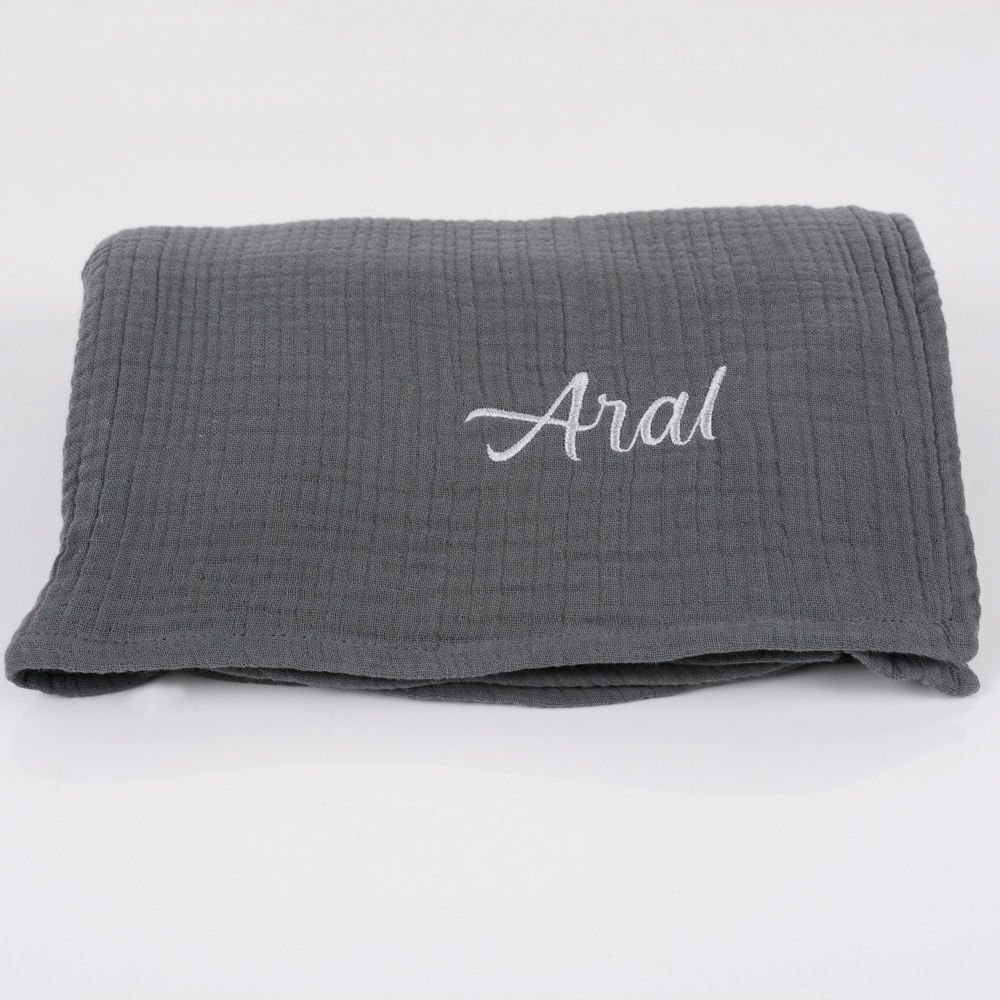 Kişiye Özel Nakışlı Çok Amaçlı Müslin Örtü Koyu Gri