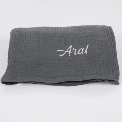 Kişiye Özel Nakışlı Çok Amaçlı Müslin Örtü Koyu Gri