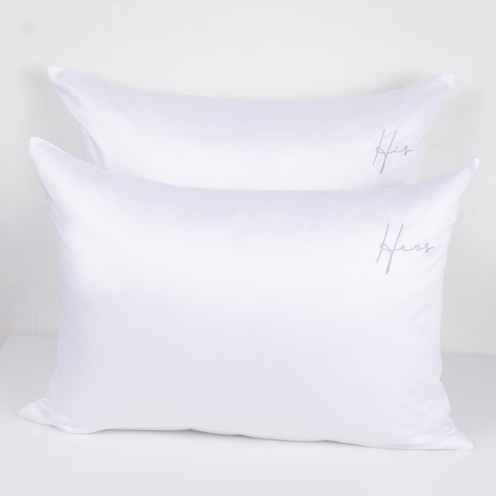 HIS HERS Nakışlı Yastık Kılıfı Silver - Standart Yastık Kılıfı - 120 Tel Kumaş