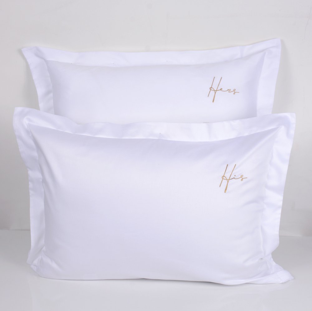 HIS HERS Nakışlı Yastık Kılıfı Gold - Volanlı Yastık Kılıfı - 120 Tel Kumaş
