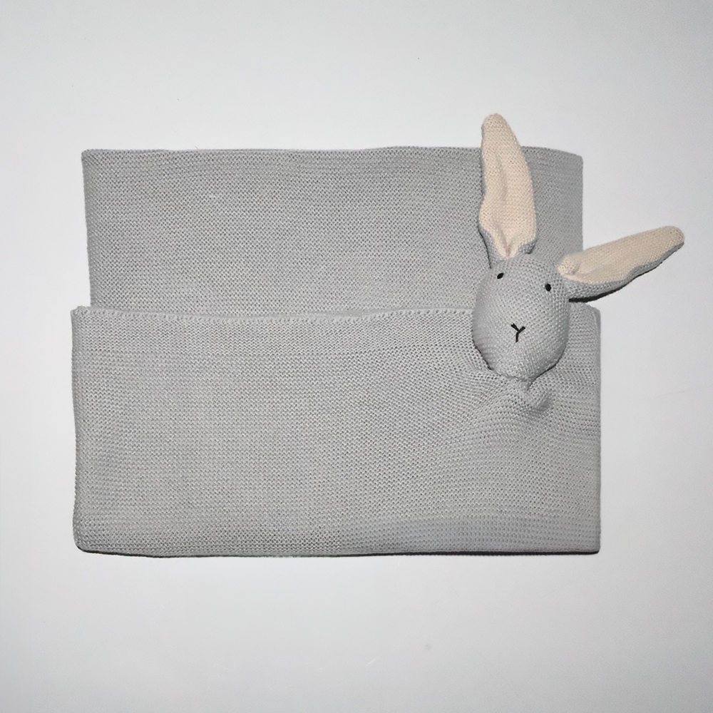 Organik Pamuk Tavşan Figürlü Örgü Battaniye Gri - 70x140