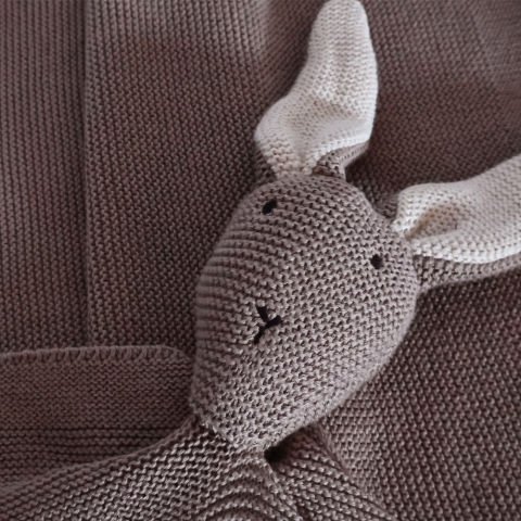 Organik Pamuk Tavşan Figürlü Örgü Battaniye Bej - 70x140