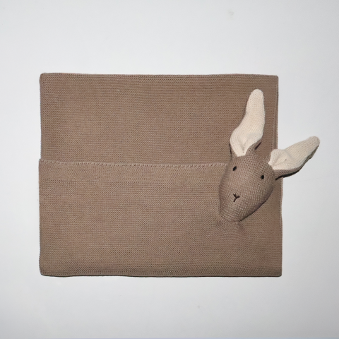 Organik Pamuk Tavşan Figürlü Örgü Battaniye Bej - 70x140