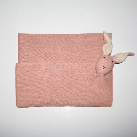 Organik Pamuk Tavşan Figürlü Örgü Battaniye Pudra - 70x140