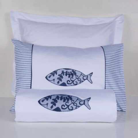 %100 Pamuk Saten Balıklı Nakışlı Saten Nevresim Takımı Tek Kişilik - Fitted Çarşaf