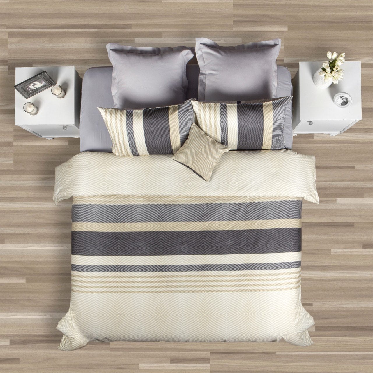 %100 Pamuk Saten Chris  Nevresim Takımı Bej - Çift Kişilik - Düz Çarşaf