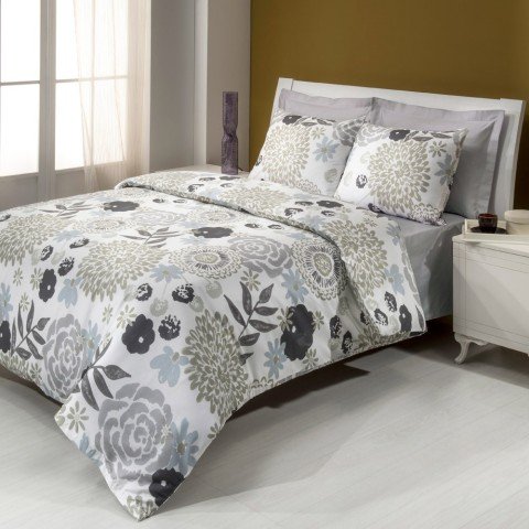 %100 Pamuk Saten Lily  Nevresim Takımı Gri - Çift Kişilik - Fitted Çarşaf