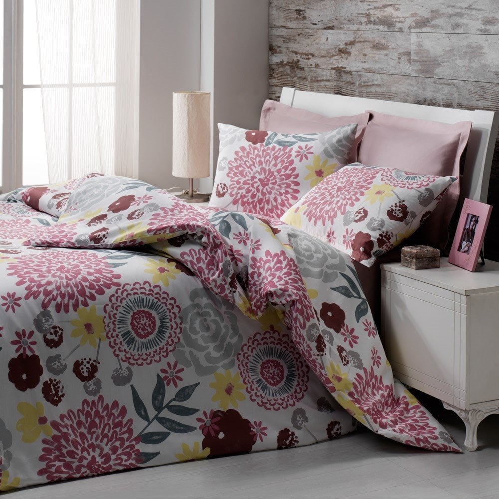 %100 Pamuk Saten Lily  Nevresim Takımı Pembe - Çift Kişilik - Fitted Çarşaf