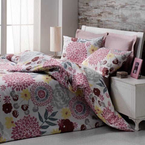 %100 Pamuk Saten Lily  Nevresim Takımı Pembe - Çift Kişilik - Fitted Çarşaf