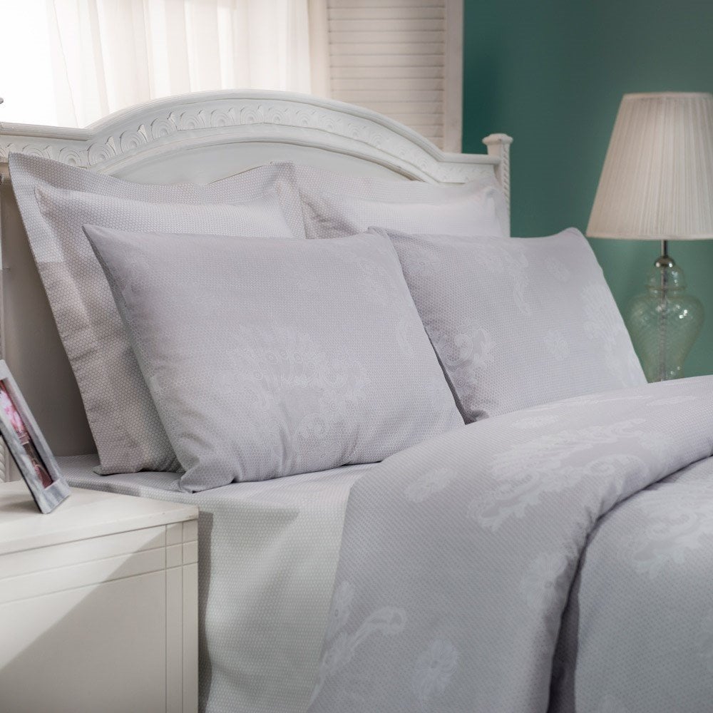 %100 Pamuk Saten Macy  Nevresim Takımı Gri - Çift Kişilik - Fitted Çarşaf