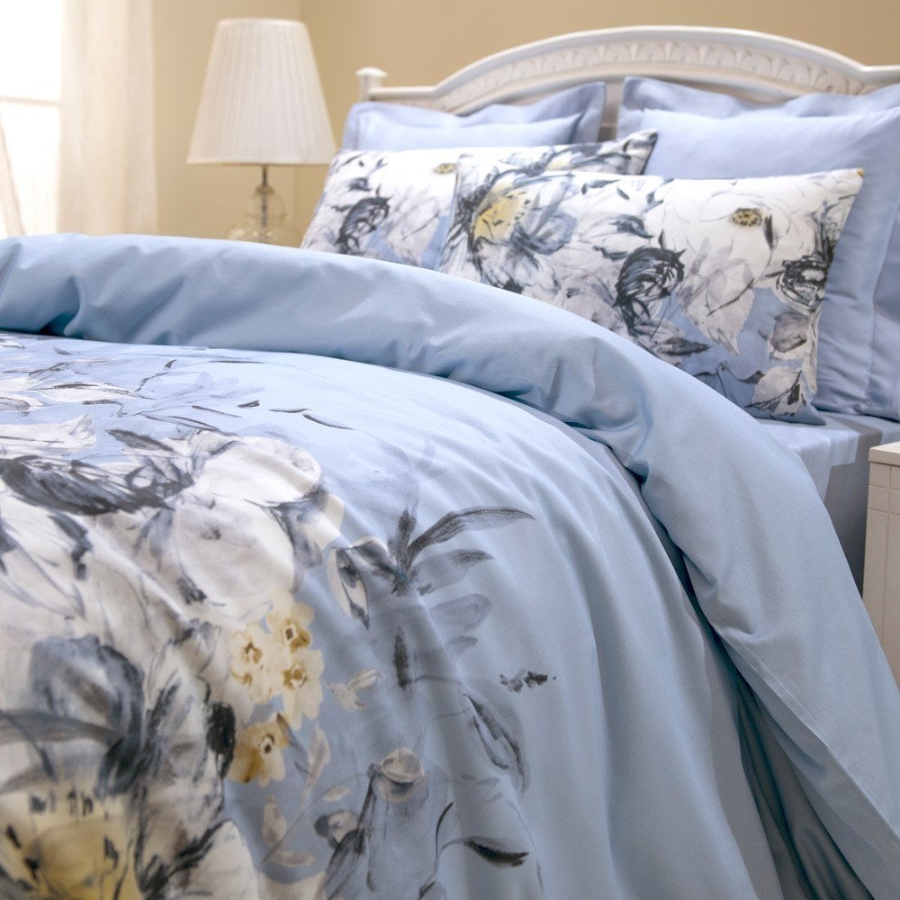 %100 Pamuk Saten Floris  Nevresim Takımı Mavi - Çift Kişilik - Düz Çarşaf