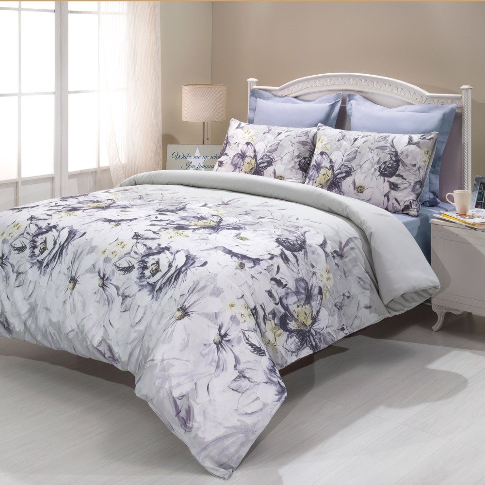 %100 Pamuk Saten Floris  Nevresim Takımı Lila - Çift Kişilik - Fitted Çarşaf