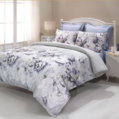 %100 Pamuk Saten Floris  Nevresim Takımı Lila - Çift Kişilik - Fitted Çarşaf