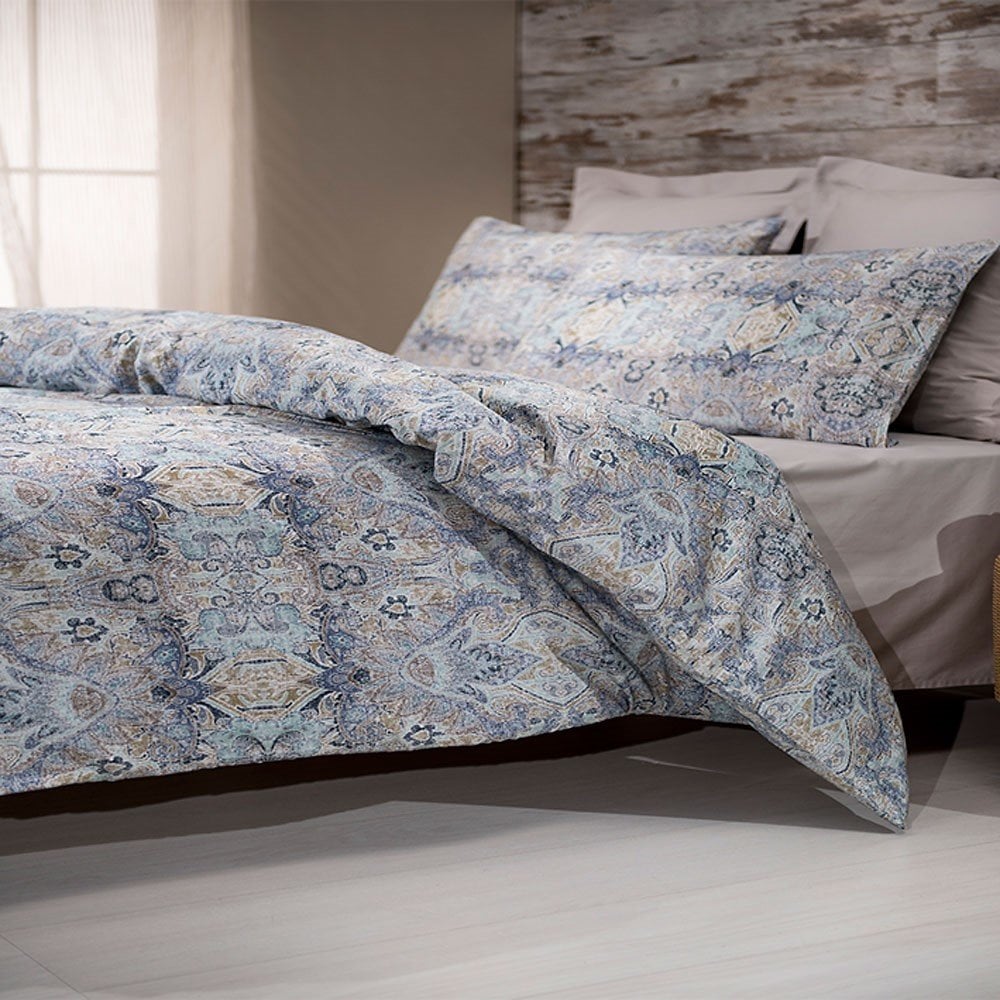 %100 Pamuk Saten Vintage  Nevresim Takımı Mavi - Çift Kişilik - Düz Çarşaf