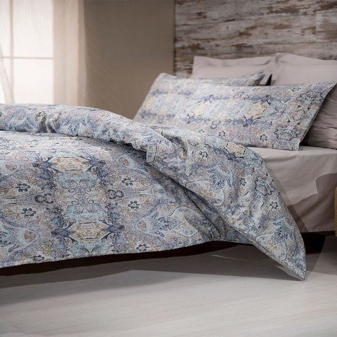 %100 Pamuk Saten Vintage  Nevresim Takımı Mavi - Çift Kişilik - Düz Çarşaf