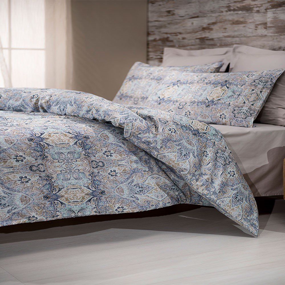 %100 Pamuk Saten Vintage  Nevresim Takımı Mavi - Çift Kişilik - Fitted Çarşaf