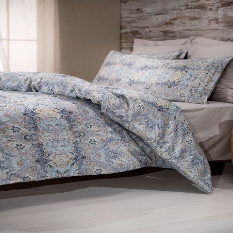 %100 Pamuk Saten Vintage  Nevresim Takımı Mavi - Çift Kişilik - Fitted Çarşaf