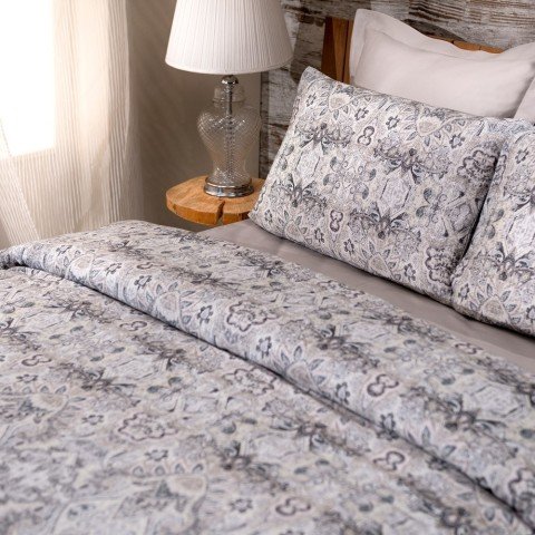 %100 Pamuk Saten Vintage  Nevresim Takımı Gri - Çift Kişilik - Fitted Çarşaf