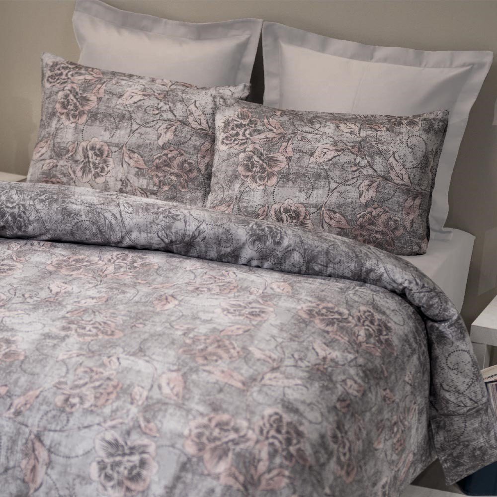 %100 Pamuk Saten Janine  Nevresim Takımı Gri - Çift Kişilik - Düz Çarşaf