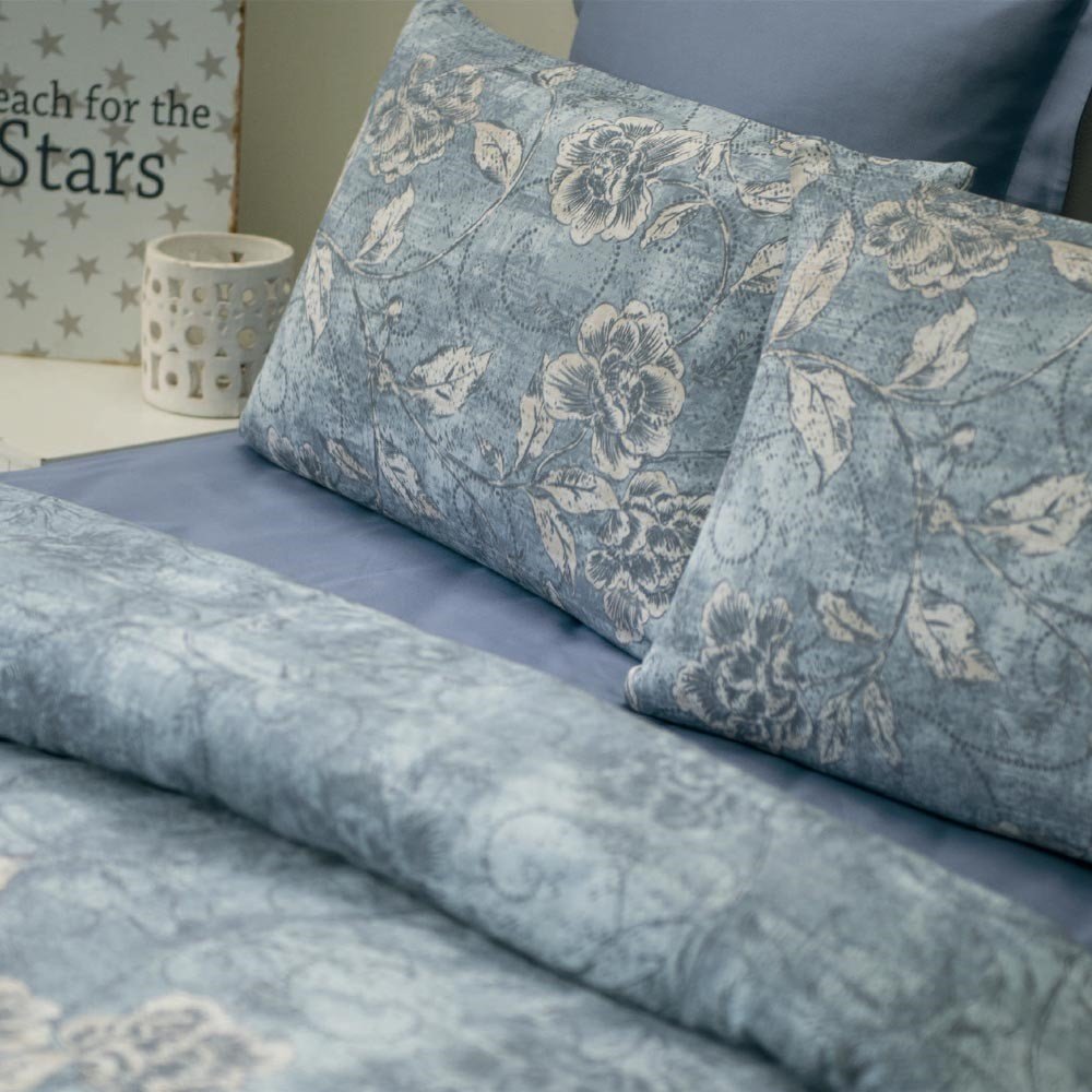 %100 Pamuk Saten Janine  Nevresim Takımı Mavi - Çift Kişilik - Fitted Çarşaf