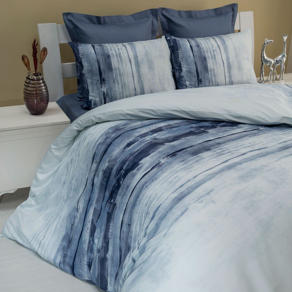 %100 Pamuk Saten Stroke  Nevresim Takımı Mavi - Çift Kişilik - Fitted Çarşaf