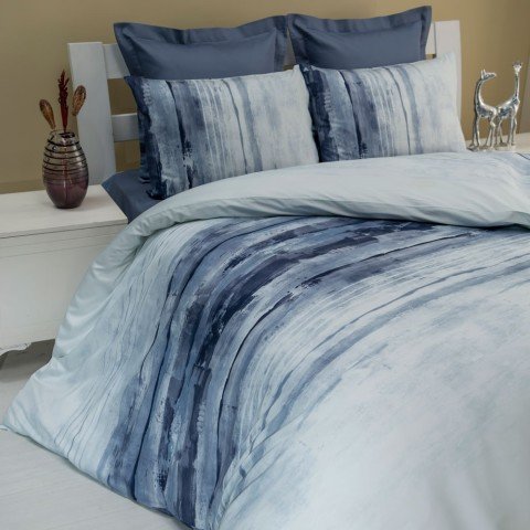 %100 Pamuk Saten Stroke  Nevresim Takımı Mavi - Çift Kişilik - Fitted Çarşaf