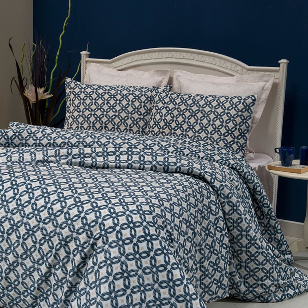 %100 Pamuk Saten Manu  Nevresim Takımı Mavi - Çift Kişilik - Düz Çarşaf