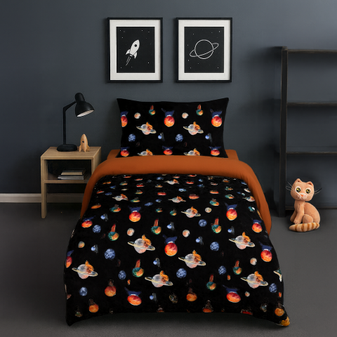 Galaxy Cat Tek Kişilik Çok Renkli Yumuşak Nevresim Takımı Home Harmony