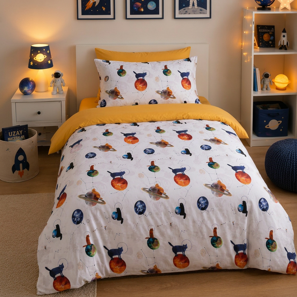Galaxy Cat Tek Kişilik Nevresim Takımı Beyaz - Nevresim Takımı