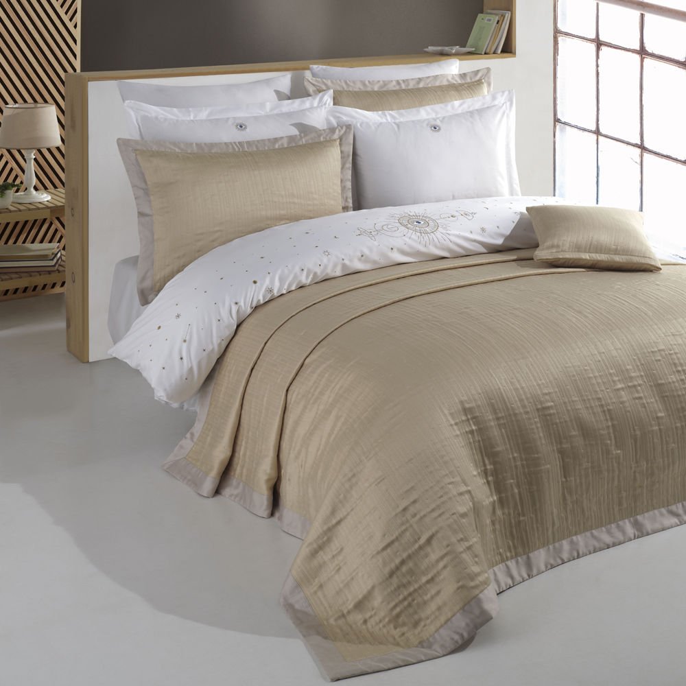 120 Tel İplik %100 Pamuk Saten Mystic Nakışlı Nevresim Takımı Beyaz - King Size - Düz Çarşaf