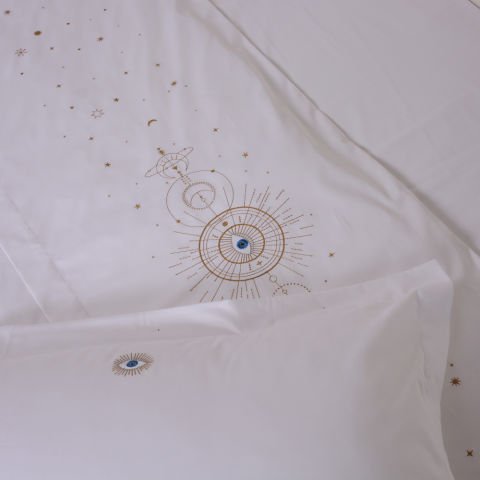 120 Tel İplik %100 Pamuk Saten Mystic Nakışlı Nevresim Takımı Beyaz - King Size - Düz Çarşaf