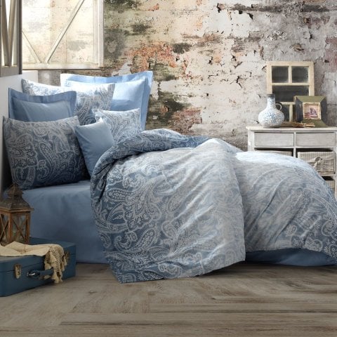 %100 Pamuk Saten Claire  Nevresim Takımı Mavi - Çift Kişilik - Düz Çarşaf