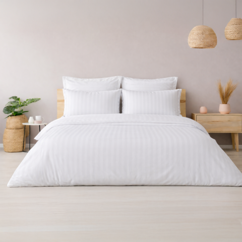 %100 Pamuk Saten Çizgili 2cm Saten  Nevresim Takımı Beyaz - Çift Kişilik - Düz Çarşaf