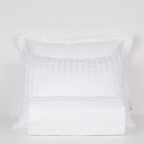 %100 Pamuk Saten Çizgili 2cm Saten  Nevresim Takımı Beyaz - Çift Kişilik - Fitted Çarşaf