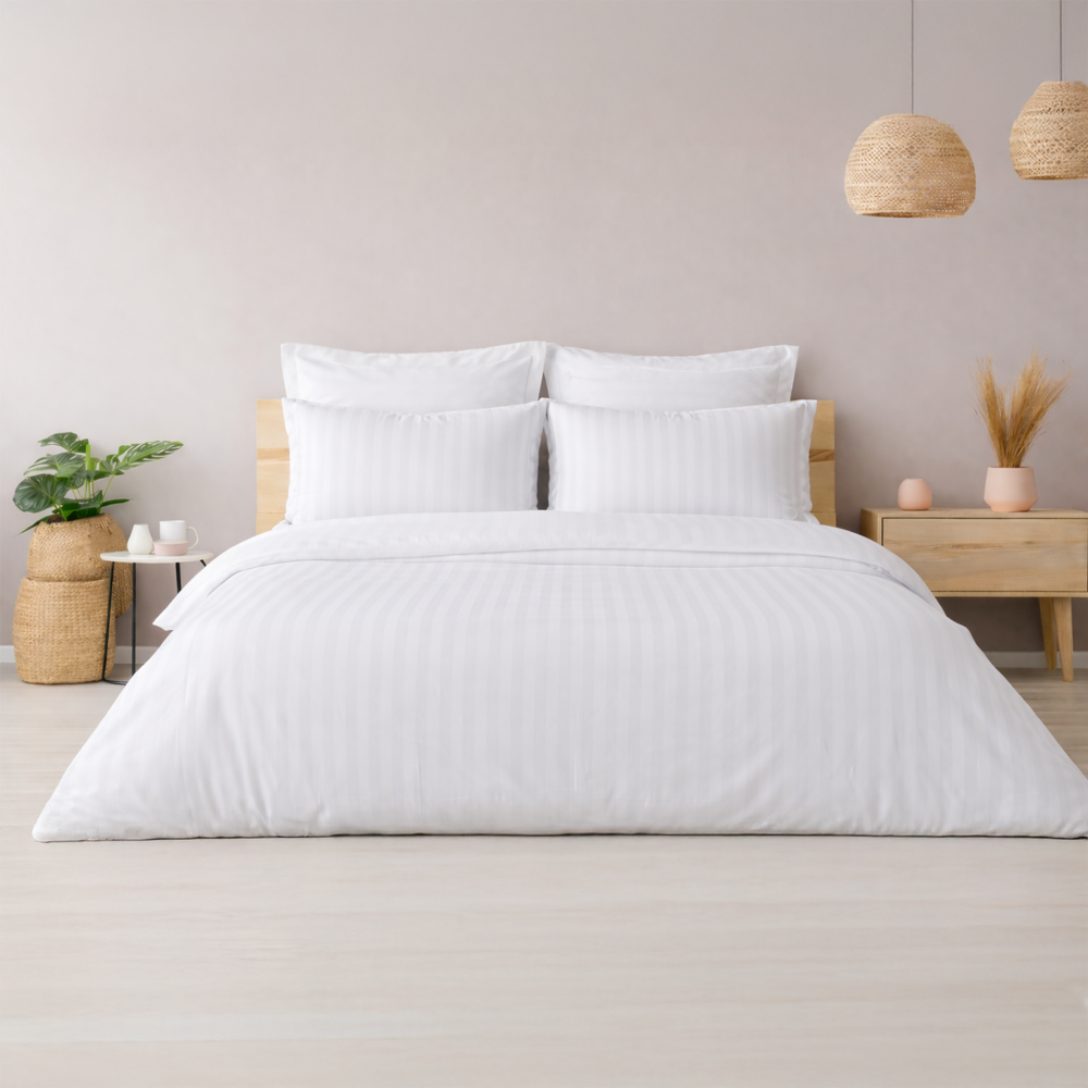 %100 Pamuk Saten Çizgili 2cm Saten  Nevresim Takımı Beyaz - King Size - Fitted Çarşaf