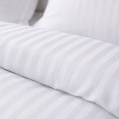 %100 Pamuk Saten Çizgili 2cm Saten  Nevresim Takımı Beyaz - King Size - Fitted Çarşaf