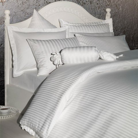%100 Pamuk Saten Çizgili 2cm Saten  Nevresim Takımı Beyaz - King Size - Fitted Çarşaf